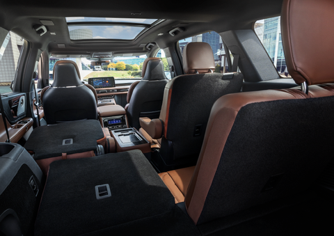 The interior of the 2025 Lincoln Aviator® SUV is shown with two seats folded down for added space. | Haldeman Lincoln in Allentown PA