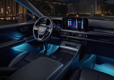 Deep blue Ambient Lighting glows from various places within a 2026 Lincoln Aviator® SUV. | Haldeman Lincoln in Allentown PA