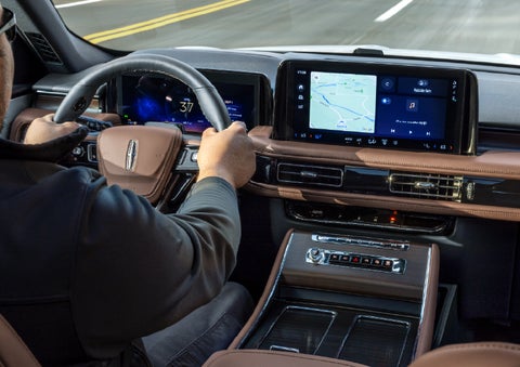 A person is driving a 2026 Lincoln Aviator® SUV as seen from inside the cabin. | Haldeman Lincoln in Allentown PA