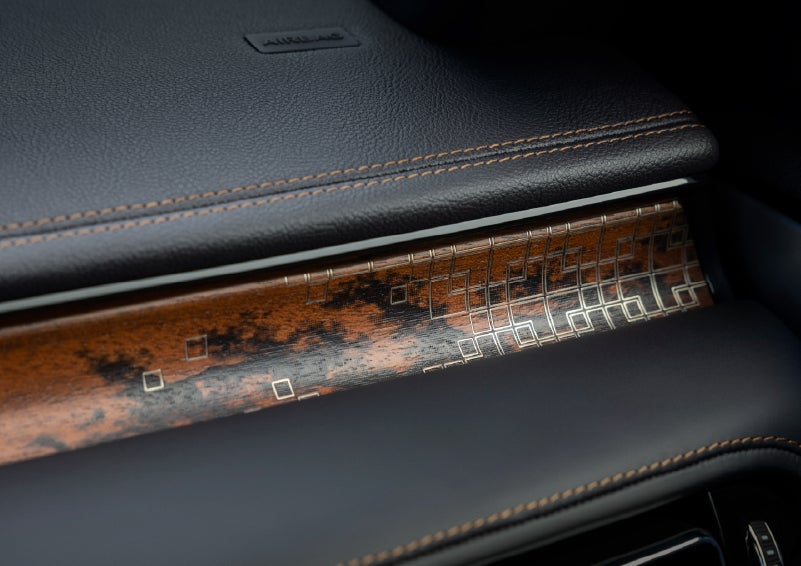 A close-up shot of the 2026 Lincoln Aviator® dashboard with unique black and brown accents and brown stitching. | Haldeman Lincoln in Allentown PA